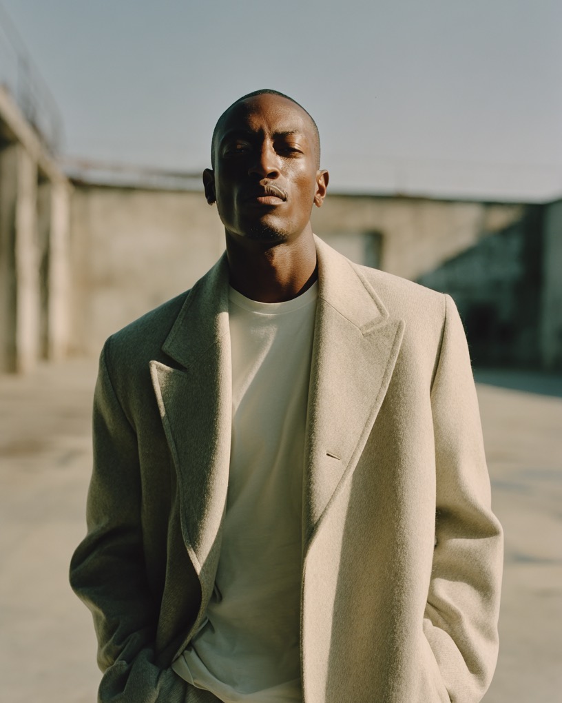 An ad visual: a model in a long cream coat against a sunlit concrete wall