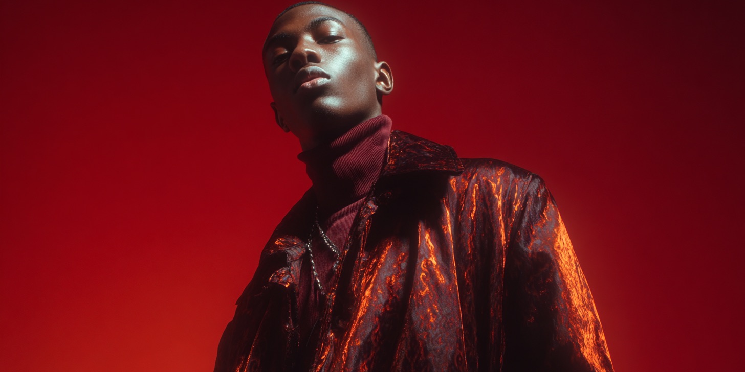 An editorial portrait against a deep red ground: a model in a burgundy turtleneck and textured coat