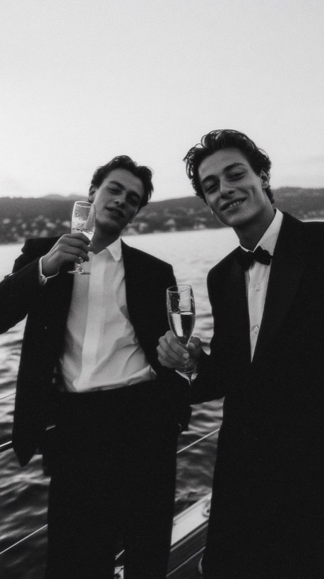 Two guests in black tie raising champagne on a boat at dusk